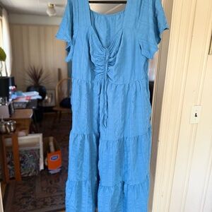 BloomChic Sky Blue Midi Dress with Ruffle Accents